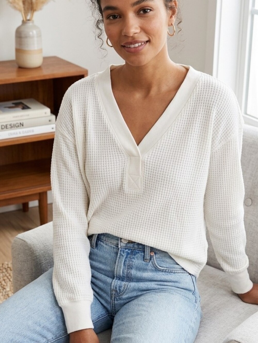 Madewell Waffle Knit V-Neck Thermal Top Cream Off White Long Sleeve Pullover XS